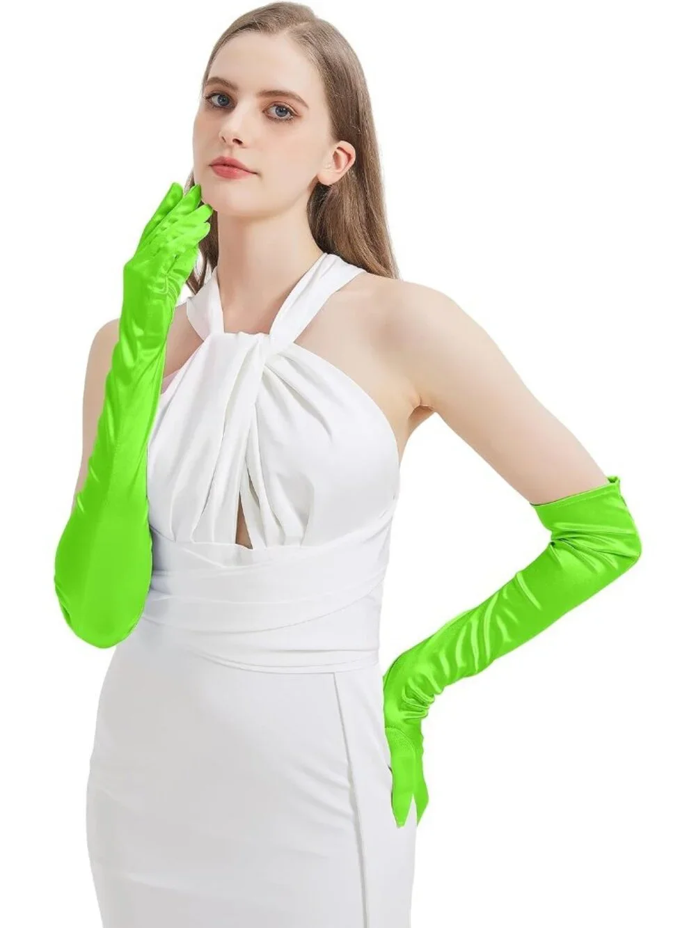 Women's Neon Green Satin Opera Elbow Length 1920s Flapper Long Gloves Party